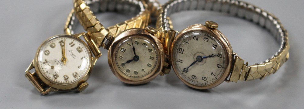 A ladys 9ct gold Rolex manual wind wrist watch and two other ladys 9ct gold manual wind wrist watches including Accurist